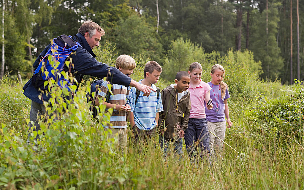 Ein Lehrer und Schulkinder erkunden den Wald zusammen.